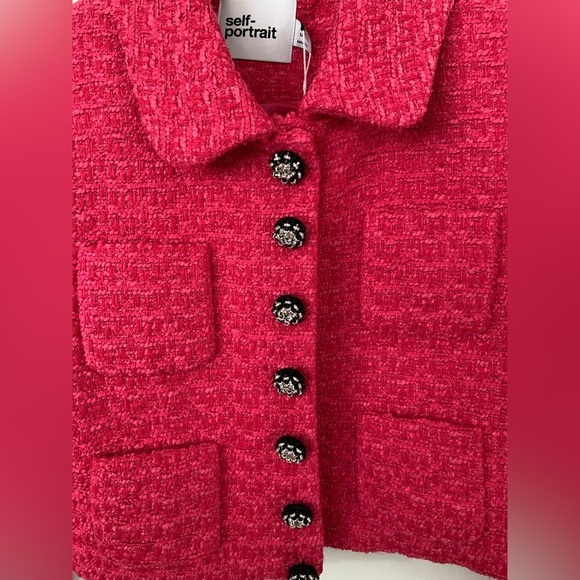 Self Portrait Boucle Tweed Cropped Jacket In Fuschia a pink NWT - Picture 9 of 11